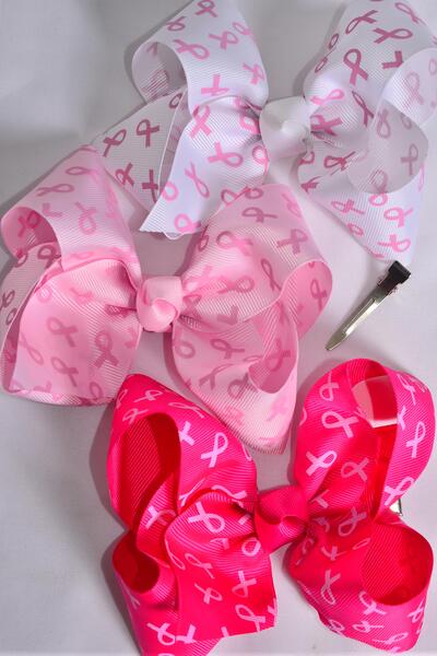 Hair Bow Jumbo Pink Ribbon Grosgrain Bow-tie / 12 pcs Bow = Dozen Alligator Clip , Size - 6" x 5" Wide , 4 White , 4 Pink , 4 Fuchsia Color Asst , Clip Strip & UPC Code