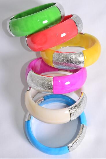 Bracelet Bangle Acrylic Marble Look Silver Trim pastel Color Mix / 12 pcs = Dozen Multi , Size - 2.75" x 1" Wide , 2 of each Color Asst , Hang Tag & Opp bag & UPC Code