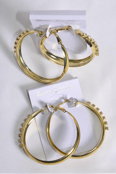 Earrings Metal Hoop Clear Rhinestone Gold / 12 pair = Dozen  Post , Size - 2" Wide , Earring card & OPP Bag & UPC Code