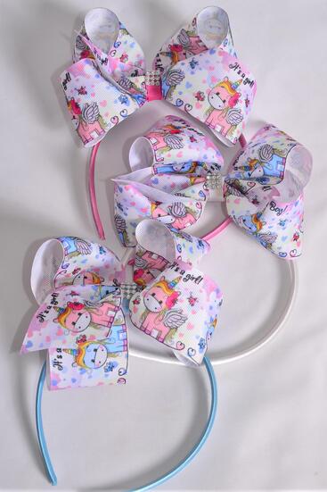 Headband Horseshoe Jumbo Cute Baby Unicorn Grosgrain Bow-tie / 12 pcs = Dozen Bow Size - 6" x 5" Wide ,  Hang Tag & OPP Bag & UPC Code