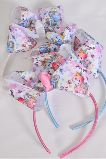 Headband Horseshoe Jumbo Cute Baby Unicorn Grosgrain Bow-tie / 12 pcs = Dozen Bow Size - 6" x 5" Wide ,  Hang Tag & OPP Bag & UPC Code