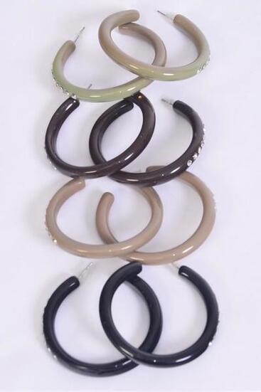 Earrings Acrylic Hoop Clear Rhinestone Brown Tone Mix / 12 pair = Dozen Post , Hoop Size - 1.75" Wide , 3 of each Color Asst , Earring card & OPP bag & UPC Code