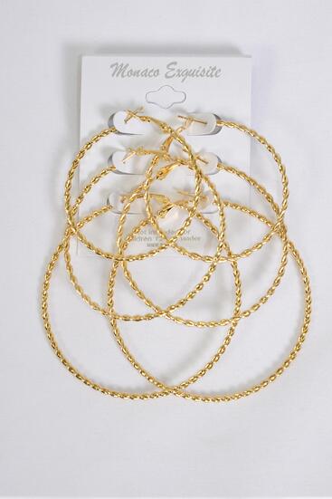 Earrings 3 Pair Metal Hoops Mix Gold / 36 pair = Dozen Post , Size - 1.75" , 2" , 2.5" Size Mix , Earring Card & OPP Bag & UPC Code , 3 pair per Card , 12 Card = Dozen