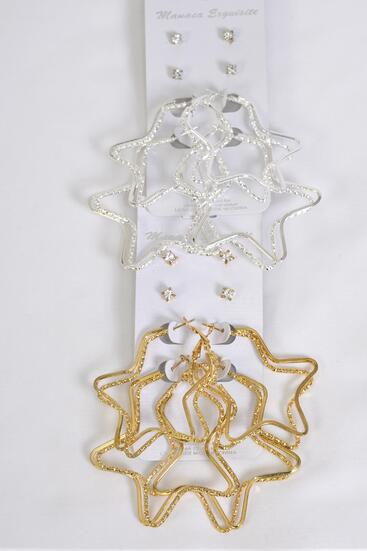 Earrings 4 Pair Metal Star & Clear Rhinestone Studs / 48 pair = Dozen Post , Star Size - 1.75" Wide , 6 Gold , 6 Silver Color Mix , Earring Card & OPP Bag & UPC Code , 4 pair per card , 12 card = Dozen