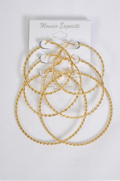 Earrings 3 Pair Metal Hoops Mix Gold / 36 pair = Dozen Post , Size - 1.75" , 2" , 2.5" Size Mix , Earring Card & OPP Bag & UPC Code , 3 pair per Card , 12 Card = Dozen