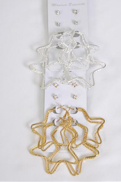 Earrings 4 Pair Metal Star & Clear Rhinestone Studs / 48 pair = Dozen Post , Star Size - 1.75" Wide , 6 Gold , 6 Silver Color Mix , Earring Card & OPP Bag & UPC Code , 4 pair per card , 12 card = Dozen