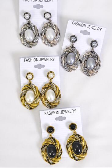 Earrings Metal Antique Oval Pearl Drops / 12 pair = Dozen Post , Size - 1.5" x 1" Wide , 3 of each Color Asst , Earring Card & OPP bag & UPC Code