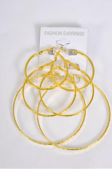 Earrings 3 Pair Metal Hoop Mix Gold Post / 36 pair = Dozen Gold , Post ,  Size - 1.75" , 2" , 2.5" , 3 Size Mix , Earring Card & OPP Bag & UPC Code , 3 pair per Card , 12 Card = Dozen