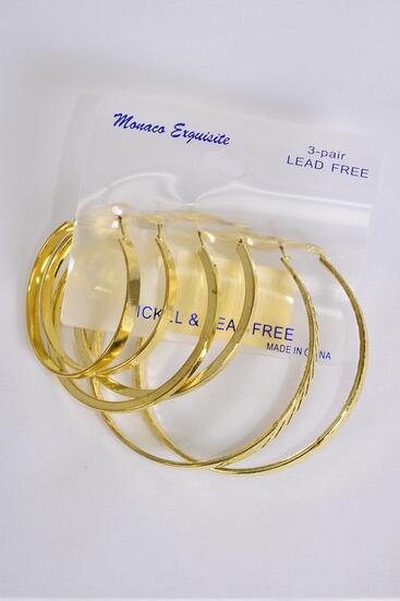 Earrings 3 pair Metal Hoops Mix Gold / 36 pair = Dozen  Post , Size - 1.75"  2"  2.25" , 3 Size Mix , Earring Card & OPP Bag & UPC Code , 3 pair per Card ,12 Card = Dozen