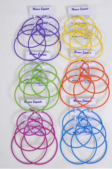 Earrings 3 Pair Metal Hoops 3 Size Mix Multi / 36 pair = Dozen  Post , Size - 1.75"  2.25"  2.5" Wide , 2 of each Color Asst , Earring Card & OPP Bag & UPC Code