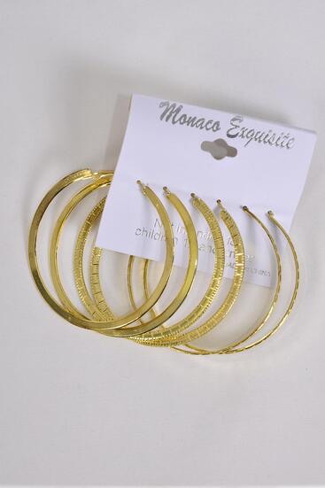 Earrings 3 pair Metal Hoop Mix Pattern Gold / 36 pair = Dozen  Gold , Post , Size - 2.25" Wide , Earring Card & OPP Bag & UPC Code