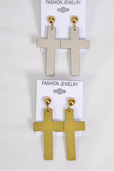 Earrings Wood Cross Metallic Gold Silver Mix Post / 12 pair = Dozen Post , Size - 2" x 1.25" Wide , 6 Gold , 6 Silver Color Asst , Earring Card & OPP Bag & UPC Code 