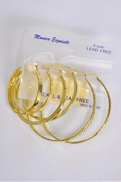 Earrings 3 pair Metal Hoops Mix Gold / 36 pair = Dozen  Post , Size - 1.75"  2"  2.25" , 3 Size Mix , Earring Card & OPP Bag & UPC Code , 3 pair per Card ,12 Card = Dozen