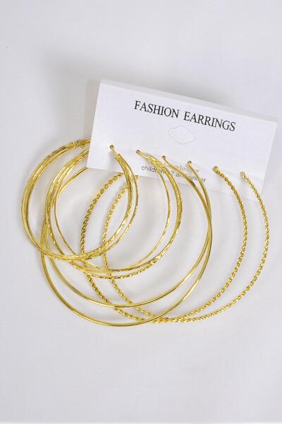 Earrings Gold 3 pair Metal Hoop Mix Designs Post / 36 pair = Dozen  Post , Hoop Sizes - 2" and 2.5" Size Loop Mix , Earring Card & OPP Bag & UPC Code , 3 pair per card , 12 card = Dozen