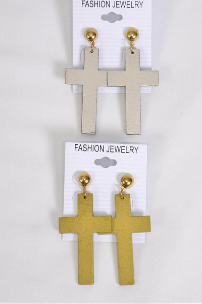 Earrings Wood Cross Metallic Gold Silver Mix Post / 12 pair = Dozen Post , Size - 2" x 1.25" Wide , 6 Gold , 6 Silver Color Asst , Earring Card & OPP Bag & UPC Code 