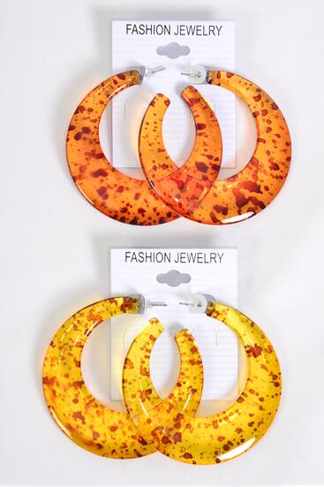 Earrings Acrylic Hoop Amber Tortoise Color Mix Post / 12 pair = Dozen Post , Size - 2" Wide , 6 Amber , 6 Tortoise Color Mix , Earring Card & OPP Bag & UPC Code
