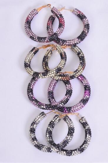 Earrings Hoop Iridescent Stone Leopard Multi / 12 pair = Dozen Post , Size - 1.75" Wide , 3 Of Each Pattern Asst , Earring Card & OPP Bag & UPC Code