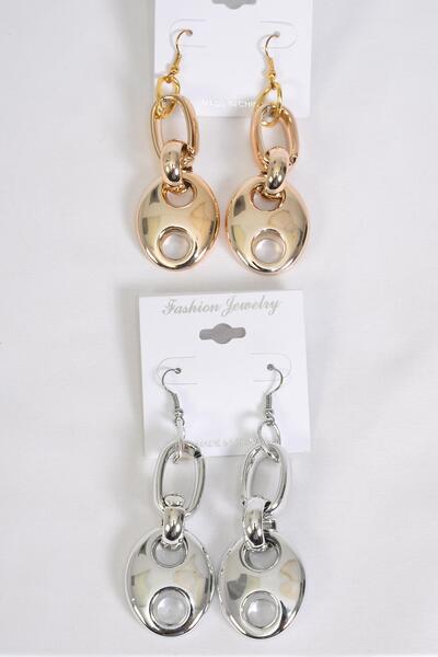 Earrings Chain Style Gold  Silver Mix / 12 pair = Dozen Fish Hook , Size - 2.5" x 1" Wide , 6 Gold , 6 Silver Mix , Earring Card & OPP bag & UPC Code