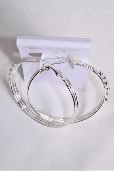 Earrings Metal Hoop Silver Clear Rhinestone / 12 pair = Dozen Silver , Post , Size - 2" Wide , Earring Card & OPP bag & UPC Code