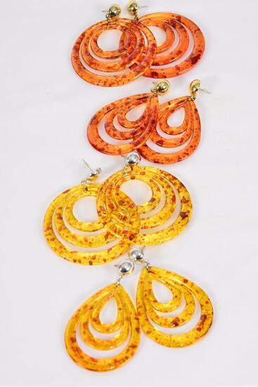 Earrings Acrylic Amber Tortoise Color Mix Teardrop & Round Shape Mix / 12 pair = Dozen Post , Size - Teardrop - 2.25" x 1.75" Wide , Round 2" Wide , 3 Of Each Pattern Asst , Earring Card & Opp Bag & UPC Code