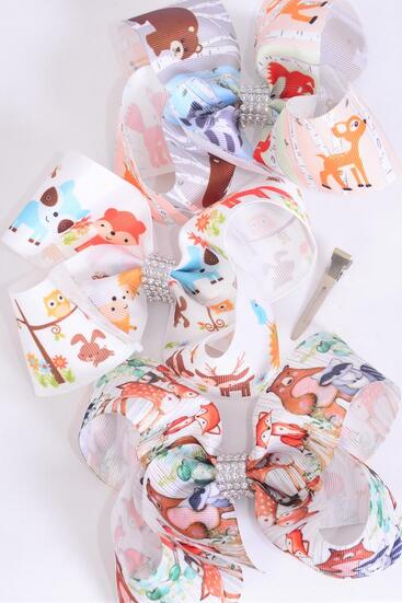 Hair Bow Jumbo Forest Creature Friends Grosgrain Bow-tie / 12 pcs Bow = Dozen Alligator Clip , Size - 6" x 5" Wide , 4 Of Each Pattern Asst , Clip Strip & UPC Code