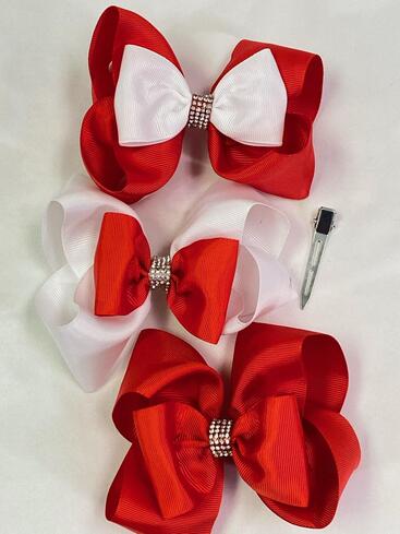Hair Bow Jumbo Christmas Double Layered Grosgrain Bow-tie Red White Color Mix / 12 pcs Bow = Dozen Alligator Clip , Size - 6" x 5" Wide , 4 of each Pattern Asst , Clip Strip & UPC Code