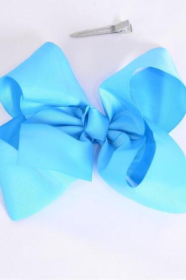 Hair Bow Jumbo Turquoise Grosgrain Fabric Bow-tie /  12 pcs Bow = Dozen Turquoise , Alligator Clip , Size - 6" x 5" Wide , Clip Strip & UPC Code