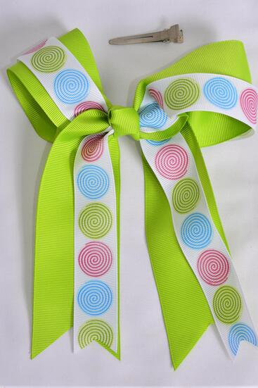 Hair Bow Long Tail Spiral Double Layered Grosgrain Bow-tie Lime Green / 12 pcs Bow = Dozen Lime Green , Alligator Clip , Bow - 6.5" x 6" Wide , Clip Strip & UPC Code
