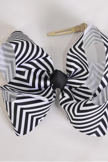 Hair Bow Jumbo Chevron Pattern Black Grosgrain Bow-tie / 12 pcs Bow = Dozen Black , Alligator Clip , Size - 6" x 5" Wide , Clip Strip & UPC Code