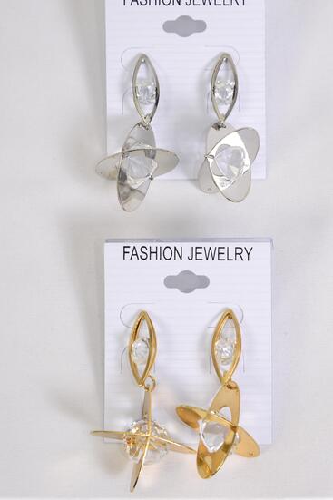 Earrings Metal Dangle Abstract Glass Crystals / 12 pair = Dozen Post , Size - 2.25" x 1.25" Wide , 6 Gold , 6 Silver Mix , Earring Card & OPP Bag & UPC Code