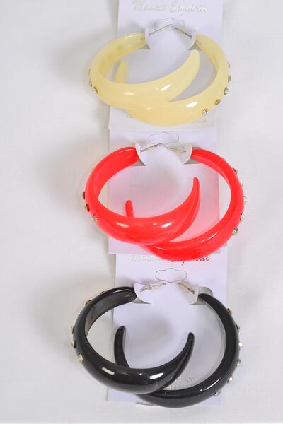 Earrings Acrylic Hoop Clear Rhinestones Red White Black Mix / 12 pair = Dozen  Post , Size - 1.75" Wide , 4 Red , 4 Ivory , 4 Black Color Mix , Earring Card & OPP bag & UPC Code