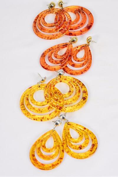 Earrings Acrylic Amber Tortoise Color Mix Teardrop & Round Shape Mix / 12 pair = Dozen Post , Size - Teardrop - 2.25" x 1.75" Wide , Round 2" Wide , 3 Of Each Pattern Asst , Earring Card & Opp Bag & UPC Code