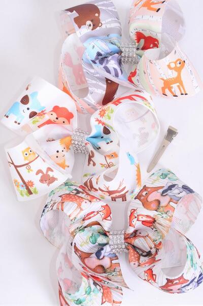 Hair Bow Jumbo Forest Creature Friends Grosgrain Bow-tie / 12 pcs Bow = Dozen Alligator Clip , Size - 6" x 5" Wide , 4 Of Each Pattern Asst , Clip Strip & UPC Code