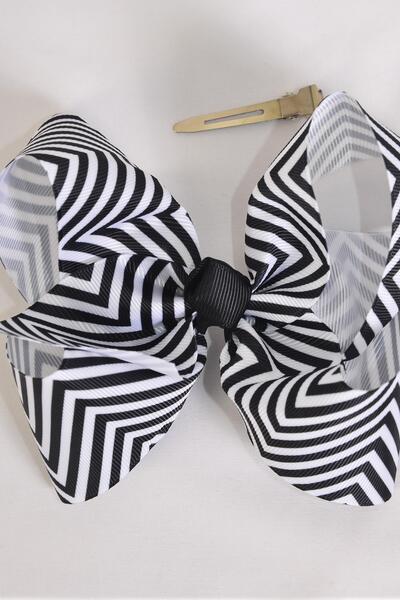 Hair Bow Jumbo Chevron Pattern Black Grosgrain Bow-tie / 12 pcs Bow = Dozen Black , Alligator Clip , Size - 6" x 5" Wide , Clip Strip & UPC Code