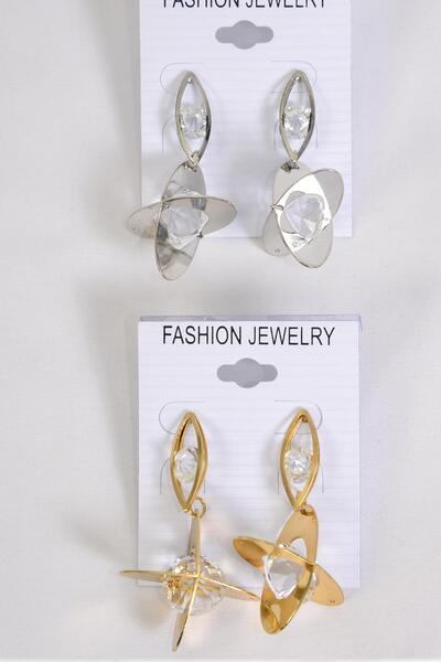 Earrings Metal Dangle Abstract Glass Crystals / 12 pair = Dozen Post , Size - 2.25" x 1.25" Wide , 6 Gold , 6 Silver Mix , Earring Card & OPP Bag & UPC Code