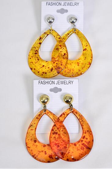 Earrings Acrylic Teardrop Tortoise Amber Color Mix / 12 pair = Dozen Post , Size - 2.25" x 1.75" Wide , 6 Of Each Color Asst , Earring Card Opp Bag & UPC Code