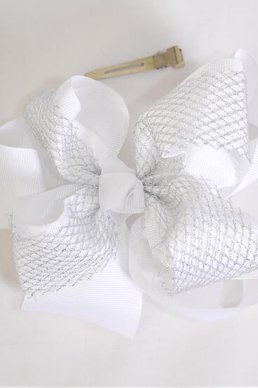 Hair Bow Jumbo Double Layered Silver Metallic Grosgrain Bow-tie White / 12 pcs Bow = Dozen White , Christmas , Alligator Clip , Size - 6" x 5 " Wide , Clip Strip & UPC Code