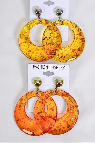 Earrings Acrylic Round Tortoise Amber Color Mix / 12 pair = Dozen  Post , Size - 2" Wide , 6 Of Each Color Asst , Earring Card Opp Bag & UPC Code