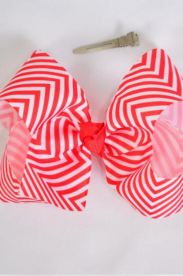 Hair Bow Jumbo Chevron Pattern Red Grosgrain Bow-tie / 12 pcs Bow = Dozen  Red , Alligator Clip , Size - 6" x 5" Wide , Clip Strip & UPC Code