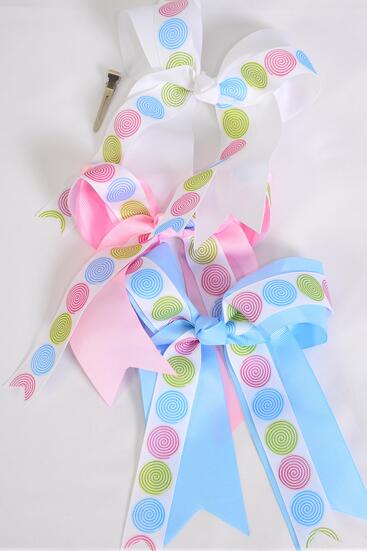 Hair Bow Long Tail Spiral Double Layered Grosgrain Bow-tie / 12 pcs Bow = Dozen Alligator Clip , Bow - 6.5" x 6" Wide , 4 Pink , 4 White , 4 Blue Color Asst , Clip Strip & UPC Code