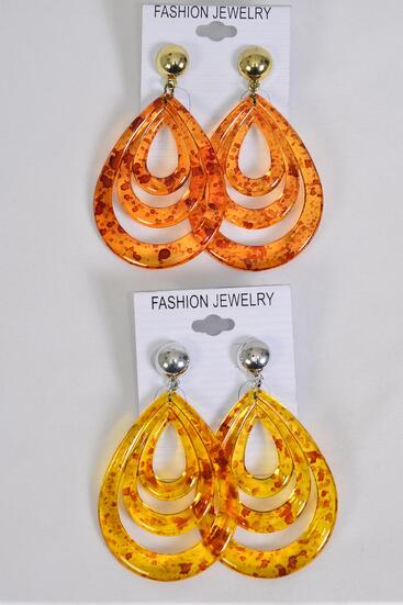 Earrings Acrylic Teardrop Tortoise Amber Color Mix / 12 pair = Dozen Post , Size - 2.25" x 1.75" Wide , 6 Of Each Color Asst , Earring Card Opp Bag & UPC Code