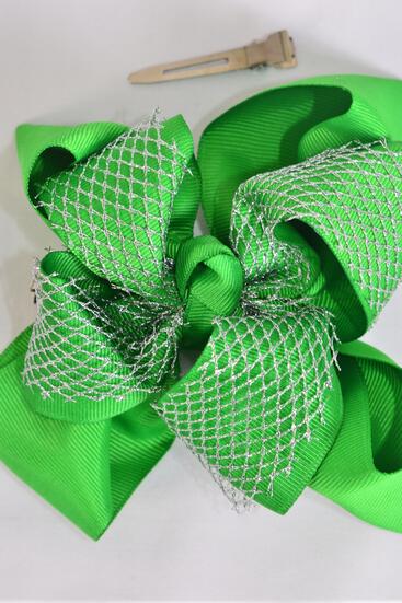 Hair Bow Jumbo Double Layered Silver Metallic Grosgrain Bow-tie Green / 12 pcs Bow = Dozen Green , Christmas , Alligator Clip , Size - 6" x 5 " Wide , Clip Strip & UPC Code
