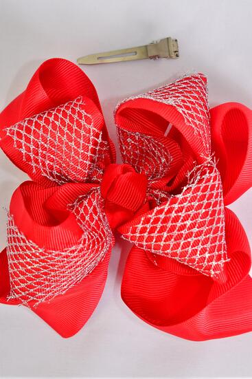 Hair Bow Jumbo Double Layered Silver Metallic Grosgrain Bow-tie Red / 12 pcs Bow = Dozen Red , Christmas , Alligator Clip , Size - 6" x 5 " Wide , Clip Strip & UPC Code