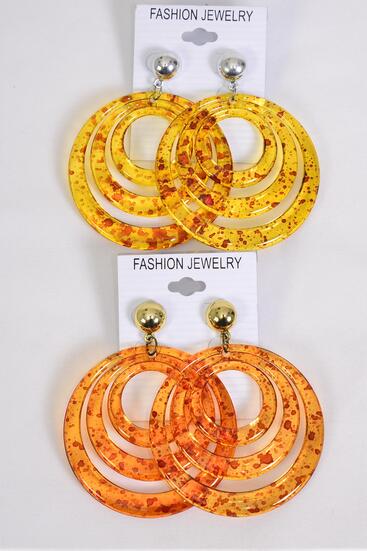 Earrings Acrylic Round Amber Tortoise Color Mix Post / 12 pair = Dozen  Post , Size - 2" Wide , 6 Of Each Color Asst , Earring Card & Opp Bag & UPC Code
