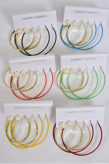 Earrings 3 pair Pearl Stud Metal Hoop Mix Multi / 36 pair = Dozen  Post , Loop Size - 1.75" & 2.25" Wide , 10 mm Pearl , 6 Gold & 6 Silver Mix , 2 of each Color Asst , Earring Card & OPP Bag & UPC Code
