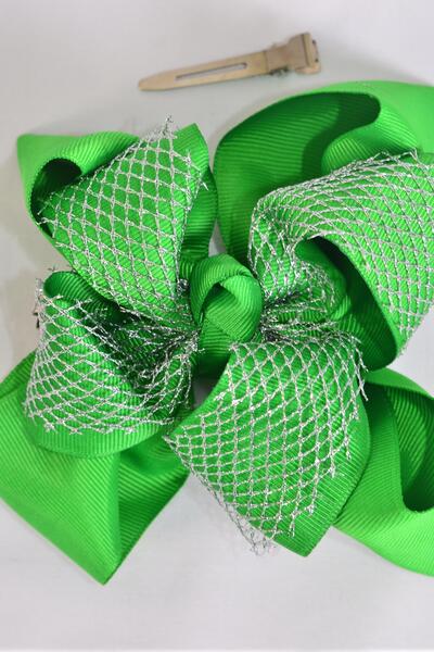 Hair Bow Jumbo Double Layered Silver Metallic Grosgrain Bow-tie Green / 12 pcs Bow = Dozen Green , Christmas , Alligator Clip , Size - 6" x 5 " Wide , Clip Strip & UPC Code