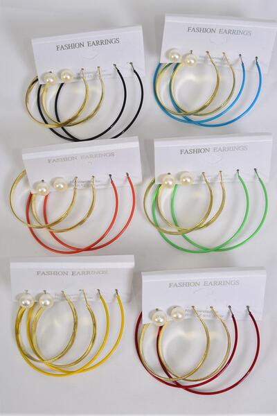 Earrings 3 pair Pearl Stud Metal Hoop Mix Multi / 36 pair = Dozen  Post , Loop Size - 1.75" & 2.25" Wide , 10 mm Pearl , 6 Gold & 6 Silver Mix , 2 of each Color Asst , Earring Card & OPP Bag & UPC Code