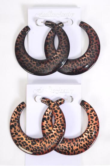 Earrings Poly Hoop Leopard Pattern Mix Post / 12 pair = Dozen Post , Size - 2.25" Wide , 6 Of each Color Asst , Earring Card & OPP Bag & UPC Code