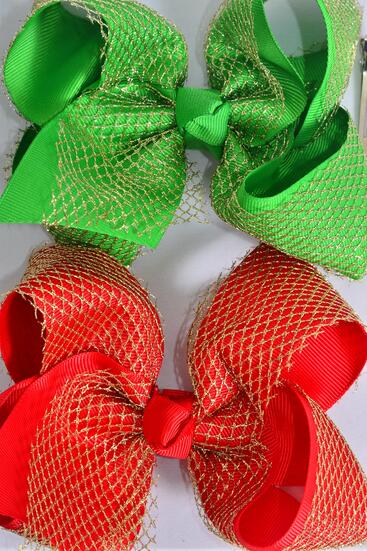 Hair Bow Jumbo Double Layered Metallic Gold Mesh Grosgrain Bow-tie Red Green Color Mix / 12 pcs Bow = Doze Alligator Clip , Size - 6" x 5" Wide , 6 Red , 6 Green Color Asst , Clip Strip & UPC Code