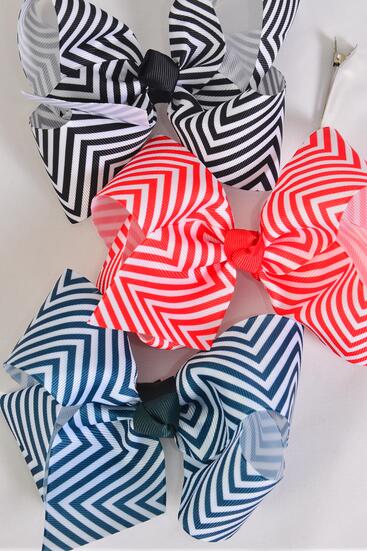 Hair Bow Jumbo Chevron Grosgrain Bow-tie Black Red Hunter Green Mix / 12 pcs Bow = Dozen Alligator Clip , Size - 6" x 5" Wide , 4 Black , 4 Red , 4 Hunter green Color Asst , Clip Strip & UPC Code
